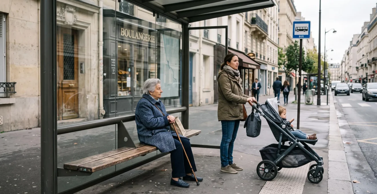 Une personne âgée assise sous un abri bus avec banc intégré, accompagnée d'un parent avec poussette, dans une rue française.