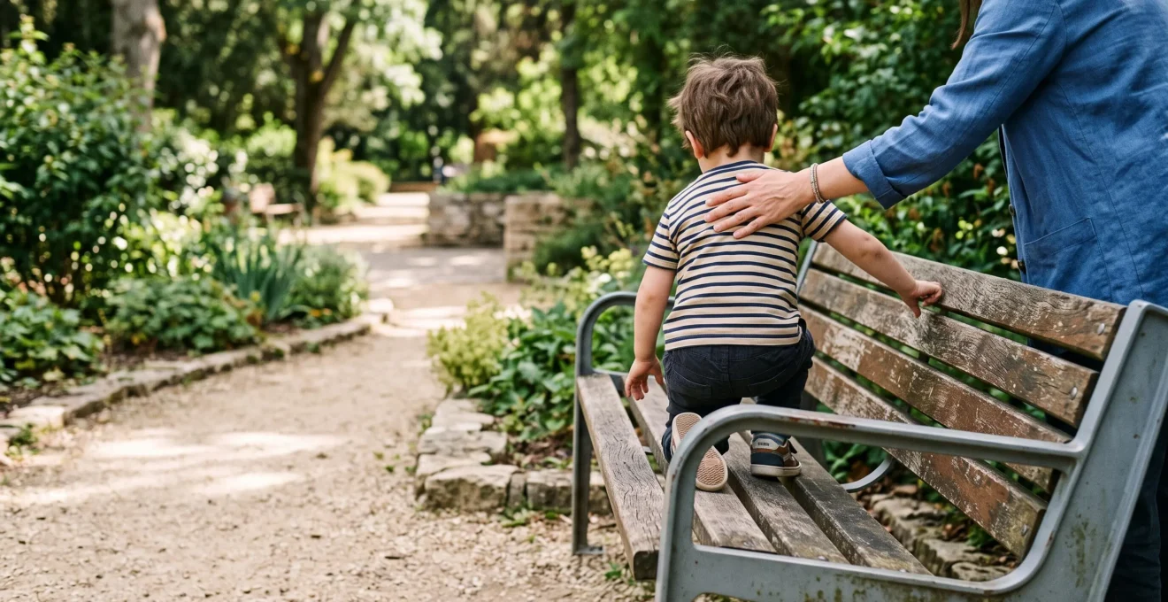 Gros plan sur un banc public en lames de bois et acier dans un parc, avec un enfant s'asseyant sous le regard d'un adulte.