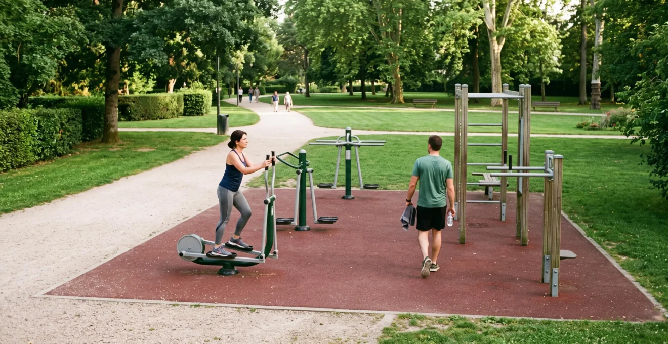Deux adultes utilisant des équipements de fitness en libre accès dans un espace vert public français aménagé.