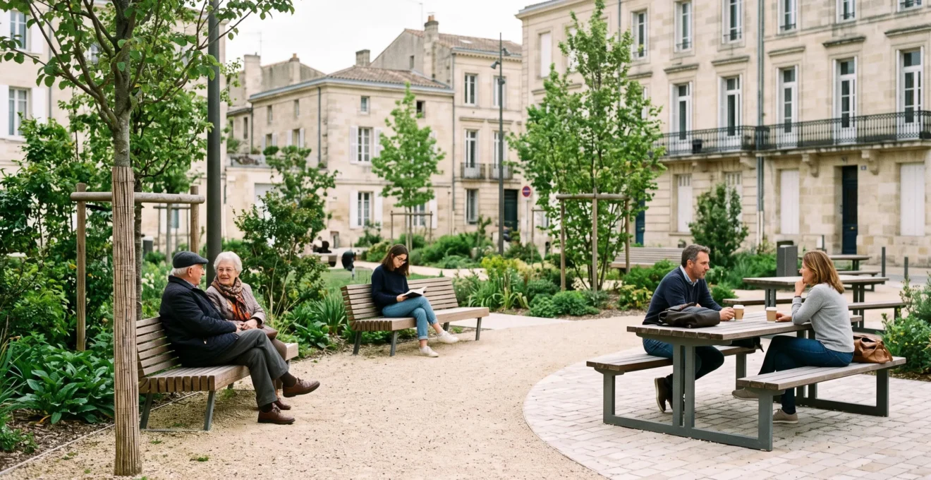 Un plan large d'une place publique française aménagée avec des bancs en bois et des tables de piquenique intégrées à un espace vert, où plusieurs habitants sont assis et échangent.