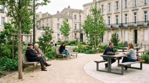 Un plan large d'une place publique française aménagée avec des bancs en bois et des tables de piquenique intégrées à un espace vert, où plusieurs habitants sont assis et échangent.