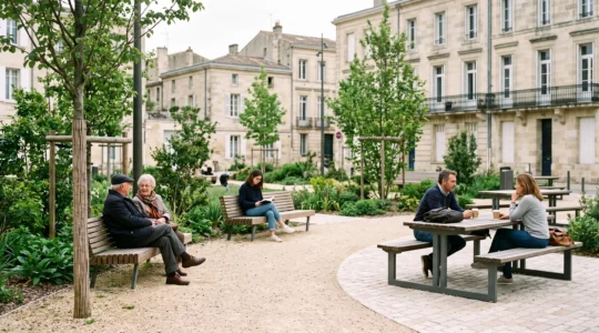 Un plan large d'une place publique française aménagée avec des bancs en bois et des tables de piquenique intégrées à un espace vert, où plusieurs habitants sont assis et échangent.